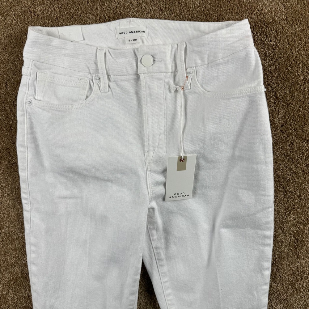 Good American Good Legs Straight White High Rise Raw Hem Jeans 2/26 $99 NEW - Picture 9 of 16